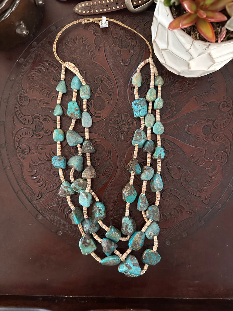 3 Strand Vintage Natural Turquoise Chunk Necklace