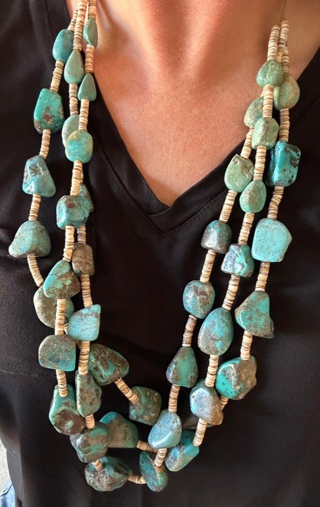 3 Strand Vintage Natural Turquoise Chunk Necklace