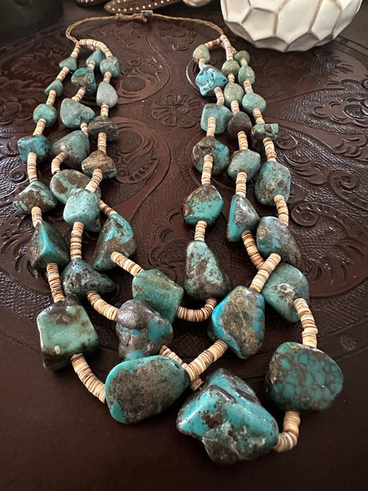 3 Strand Vintage Natural Turquoise Chunk Necklace
