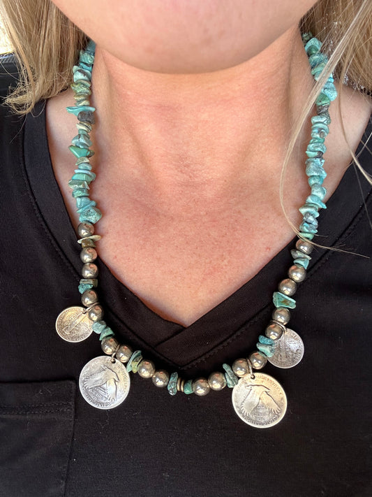 Dime Quarter Dollar Turquoise Necklace